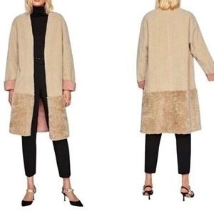 Zara Basic Womens Faux Fur Reversible Longline Coat Beige Pink Open Front M